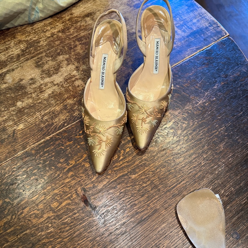 Manolo Blahnik Gold Floral Heels